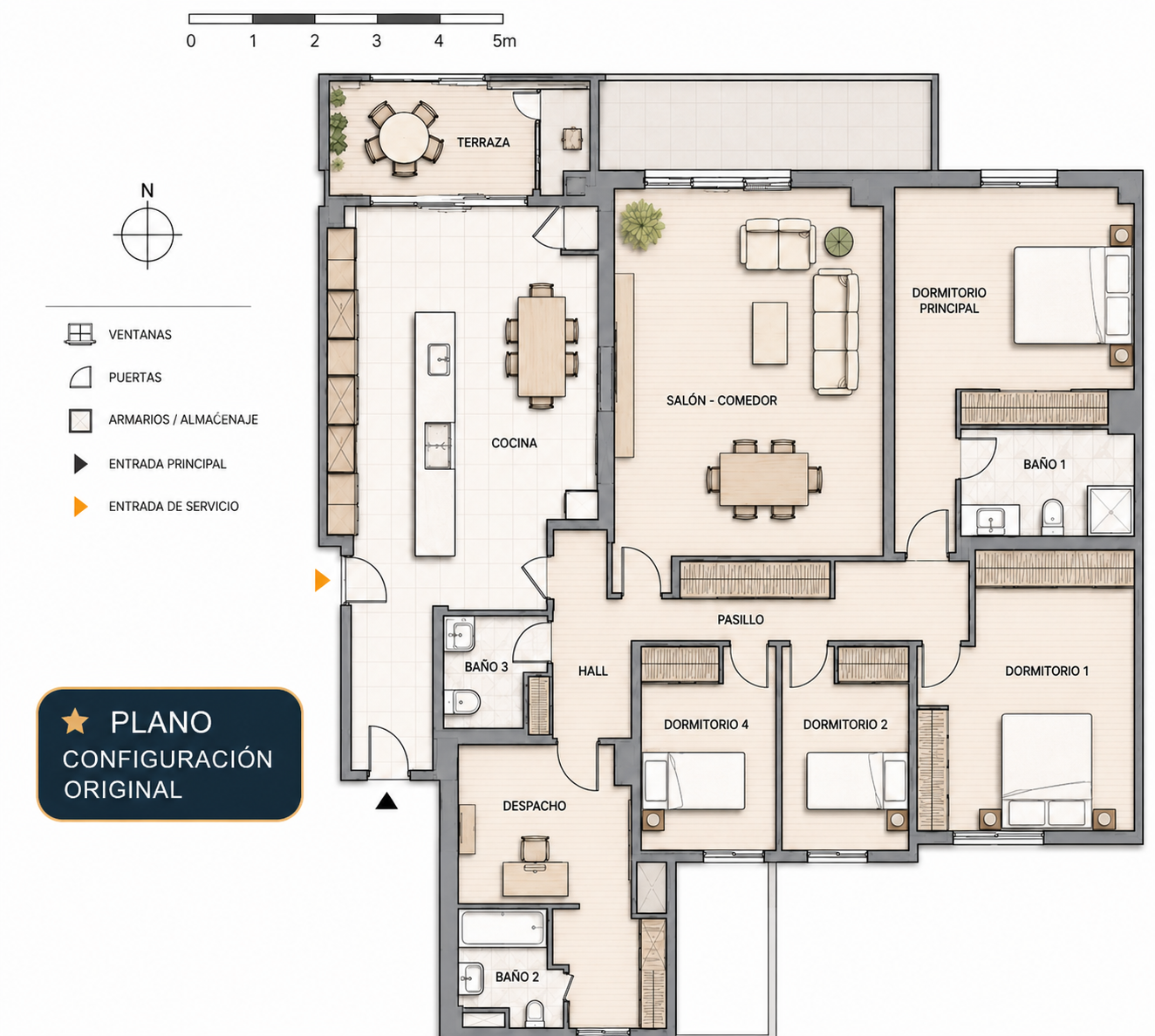 Plano de la vivienda: terraza, salón comedor, cocina, pasillo, cuatro dormitorios y tres baños